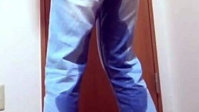 A girl wets her jeans waiting for the bathroom her bro hogs.