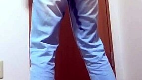 A girl wets her jeans waiting for the bathroom her bro hogs.