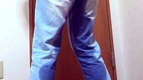 A girl wets her jeans waiting for the bathroom her bro hogs.