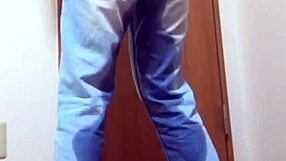 A girl wets her jeans waiting for the bathroom her bro hogs.