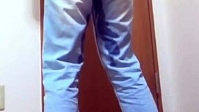 A girl wets her jeans waiting for the bathroom her bro hogs.