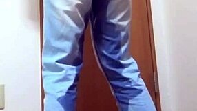 A girl wets her jeans waiting for the bathroom her bro hogs.