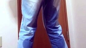 A girl wets her jeans waiting for the bathroom her bro hogs.