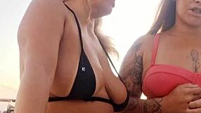 Talking dirty at the beach with my naughty friend, then we took that newbie's virginity