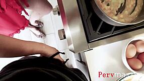 big tits stepmom gives head while cooking eggs