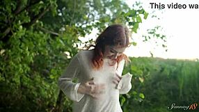 Teen Redhead Mia Fingers Shaved Pussy To Wild Orgasm Beside Lake