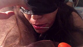 slut blindfolded gives deep blowjob