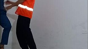 Nurse in lingerie seduces cleaning guy for wild standing sex