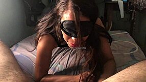slut blindfolded gives deep blowjob
