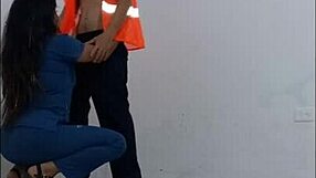 Nurse in lingerie seduces cleaning guy for wild standing sex