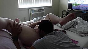 White whore in bedroom gets orgasm from black bull eating wet pussy.