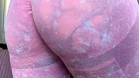 Milf Melody Radford in sheer leggings, teasing with her big tits and ass close-up.