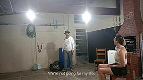 dirty beggar gets lucky asking for recyclables at the blonde lady's house in costumes