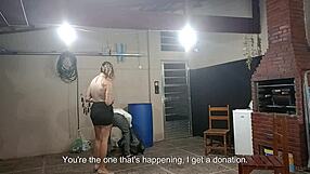 dirty beggar gets lucky asking for recyclables at the blonde lady's house in costumes