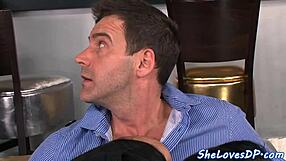 I suck cock then ride before double penetration with tattooed babe.