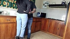 Quickie kitchen fuck with standing sex gets her shaved pussy dripping