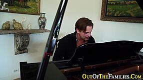 Ebony stepsis gives handjob to big cock, ending in mouth jizz.