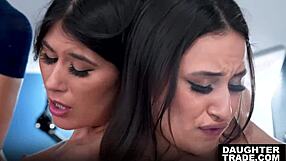 stepdaughters charlotte mae and lola aiko punished with big cock gagging and pussy play.