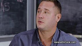 Asian teen spinner rides in classroom by chalkboard