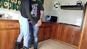 Quickie kitchen fuck with standing sex gets her shaved pussy dripping