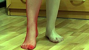 Brunette tries on nylon stockings for foot fetish and ass walking