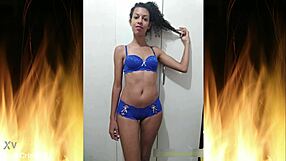 Beautiful brunette flashes in blue lingerie homemade trailer