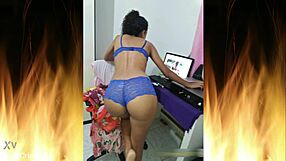 Beautiful brunette flashes in blue lingerie homemade trailer