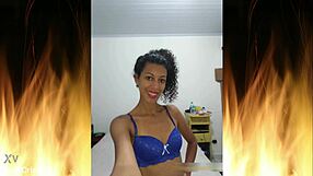 Beautiful brunette flashes in blue lingerie homemade trailer