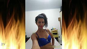 Beautiful brunette flashes in blue lingerie homemade trailer