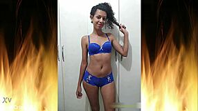 Beautiful brunette flashes in blue lingerie homemade trailer