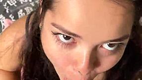 Cute teen girlfriend gives sloppy blowjob to big dick submissively.