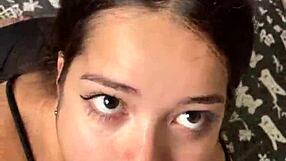 Cute teen girlfriend gives sloppy blowjob to big dick submissively.