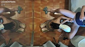 Latina milf in pantyhose kneels for blowjob, swallows cum mouthful