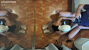 Latina milf in pantyhose kneels for blowjob, swallows cum mouthful