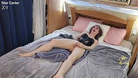 pretty brunette squirts first time with vibrator masturbation