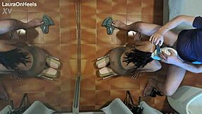 Latina milf in pantyhose kneels for blowjob, swallows cum mouthful