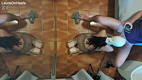 Latina milf in pantyhose kneels for blowjob, swallows cum mouthful