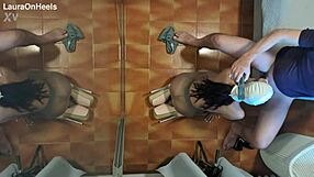 Latina milf in pantyhose kneels for blowjob, swallows cum mouthful