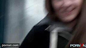 Horny skinny brunette Leyla in lingerie flashes shaved pussy in public.