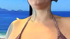 Wet african woman trains in gym bikini sweating on beach ipanema with big natural tits
