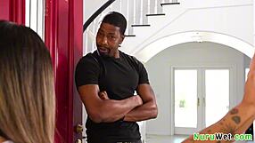 Can petite Asian masseuse handle black client's big cock in nuru massage?