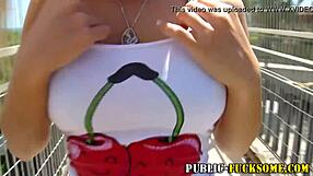 Wow, busty amateur flashes tits in public!