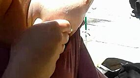 Girlfriend rubs huge tits in public flashing