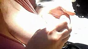 Girlfriend rubs huge tits in public flashing