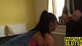 Submissive Woman In White Fishnet Stockings Bent Over For Rough Cowgirl Fuck And Cum In Mouth