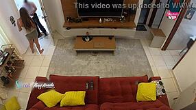 Naughty housewife flashes big tits and sucks delivery guy