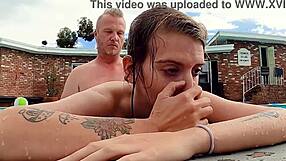 Hazel Haze relaxes poolside with friends.