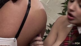 Hey, naughty lesbians in skirts licking beaver after class!