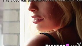 Blonde babe exposes body in lingerie