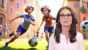 Histoire généré par IA: une maman et son beau fils joue au foot avec des pieds européens